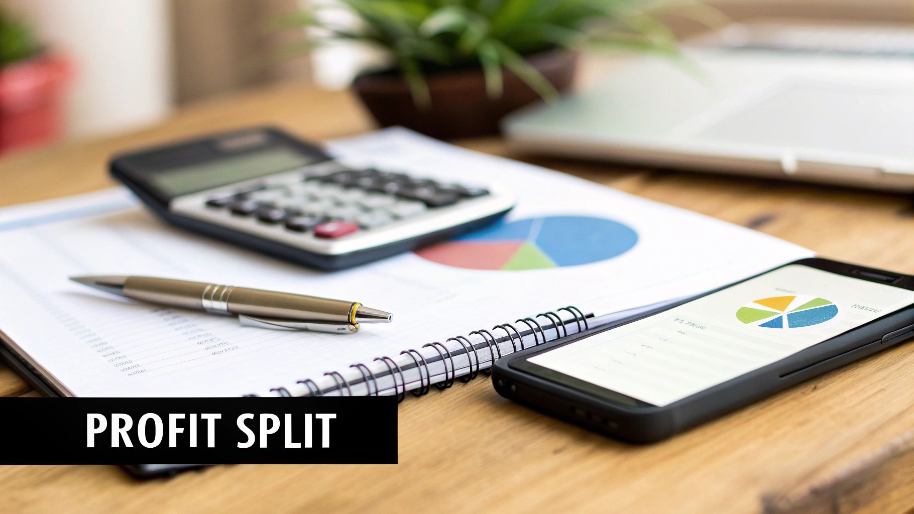 Desk with a calculator, pen, notebook, and smartphone displaying financial charts, featuring 'PROFIT SPLIT' text.