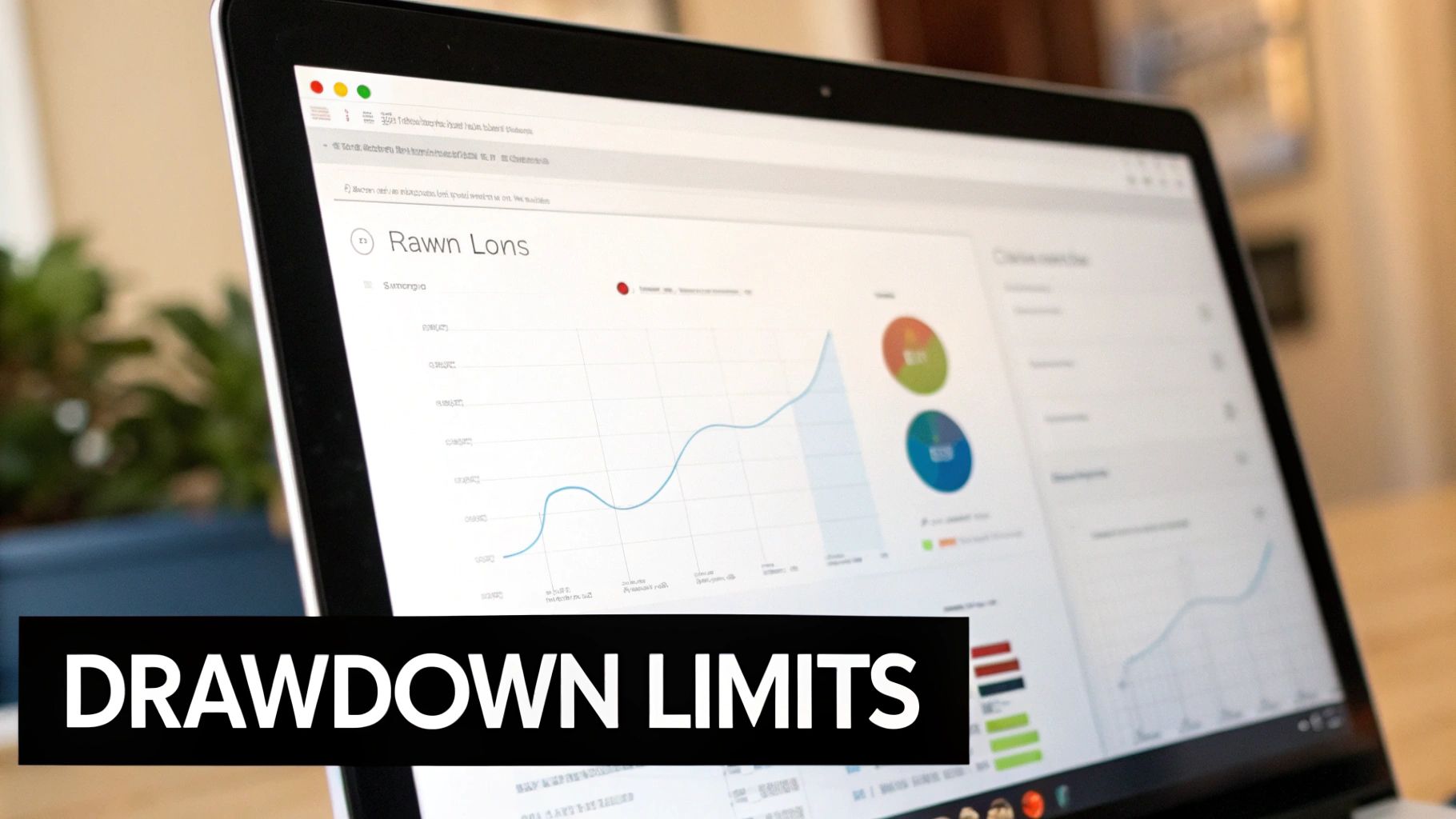 A laptop screen displaying financial graphs, charts, and 'DRAWDOWN LIMITS' text overlay.