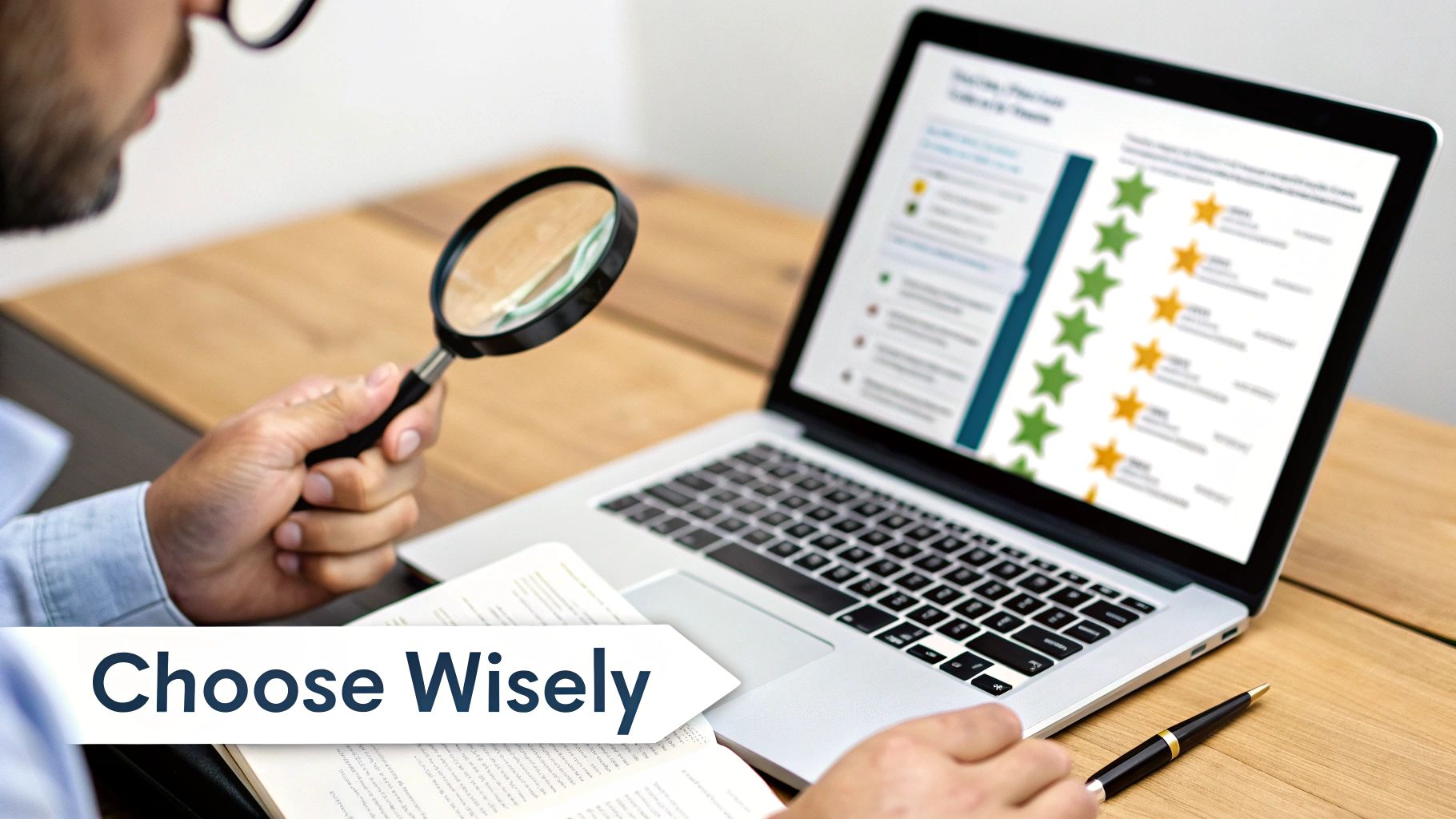 Man with magnifying glass reviewing product ratings on laptop screen with 'Choose Wisely' banner.