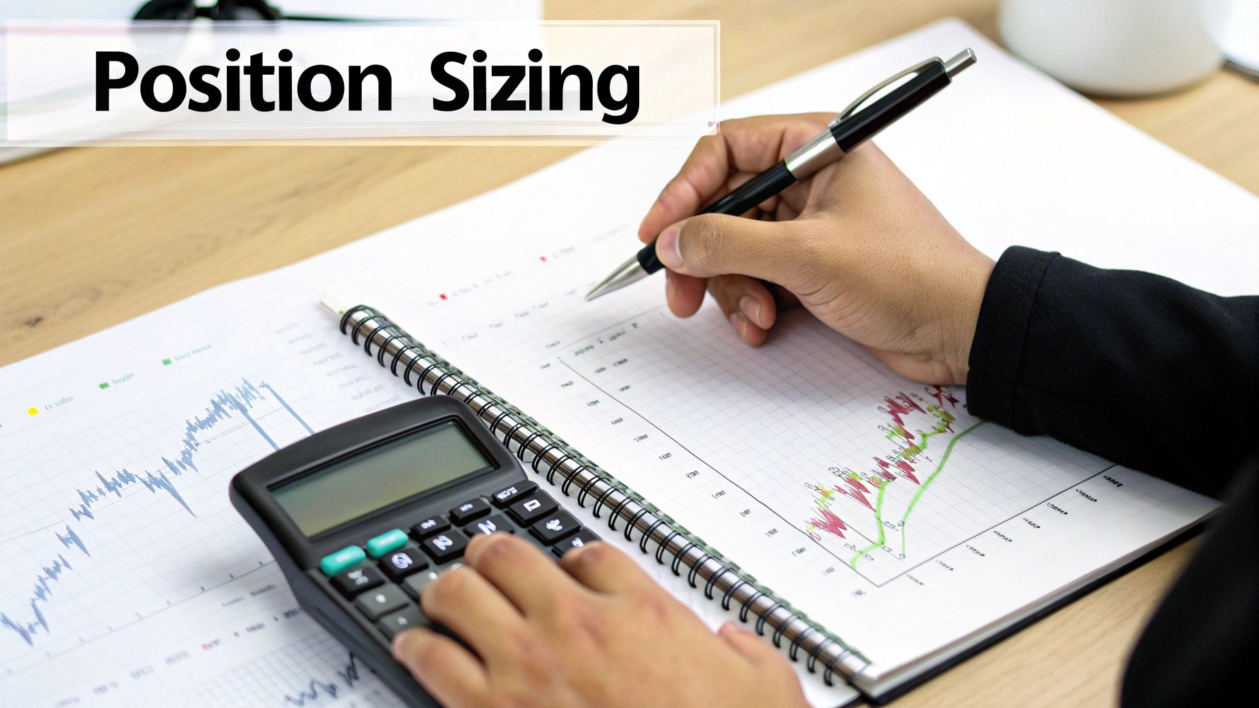 A person reviews financial charts with a calculator and pen on a desk, titled "Position Sizing".