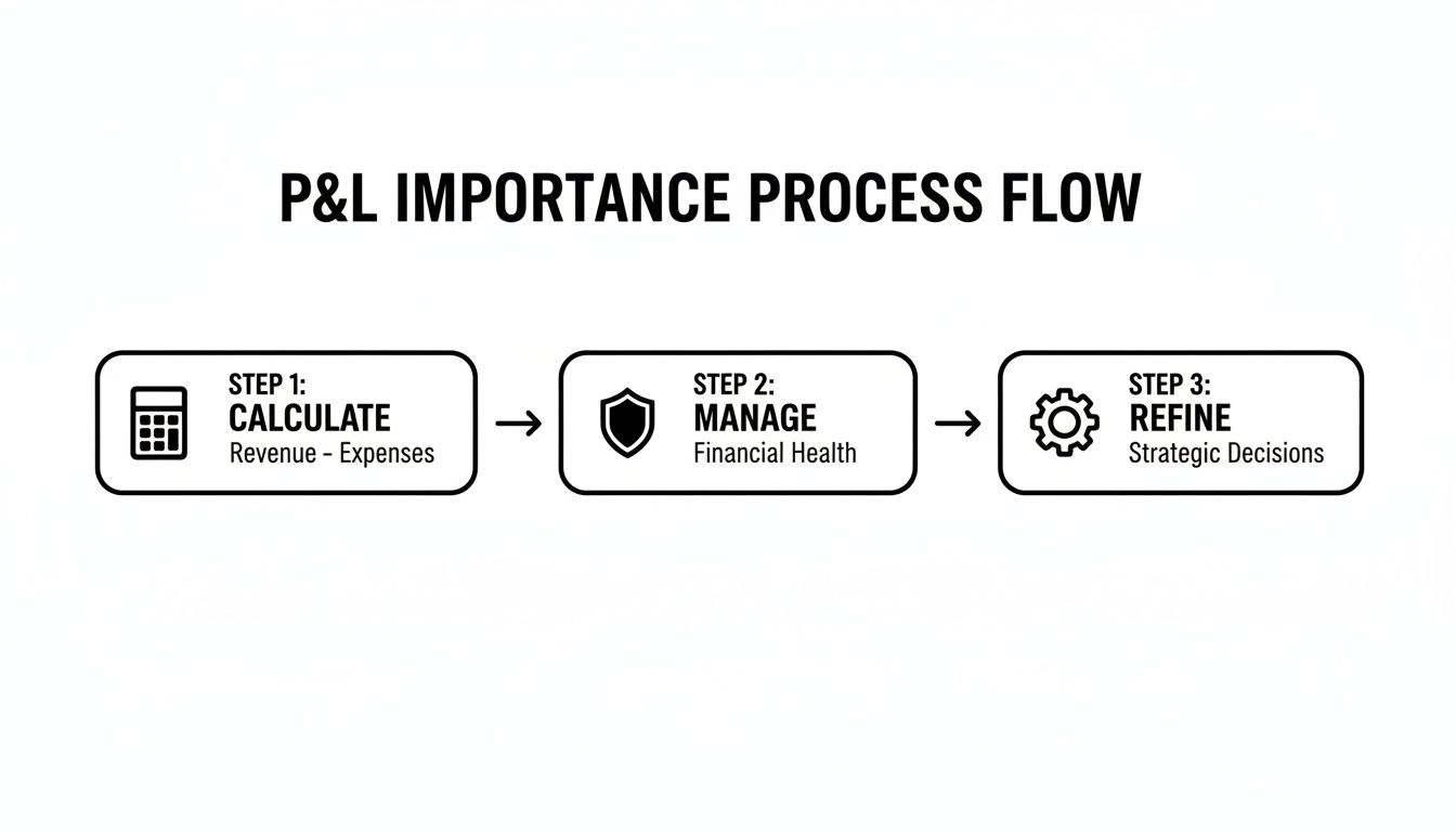 A flowchart showing the P&L importance process: Calculate, Manage financial health, and Refine strategic decisions.
