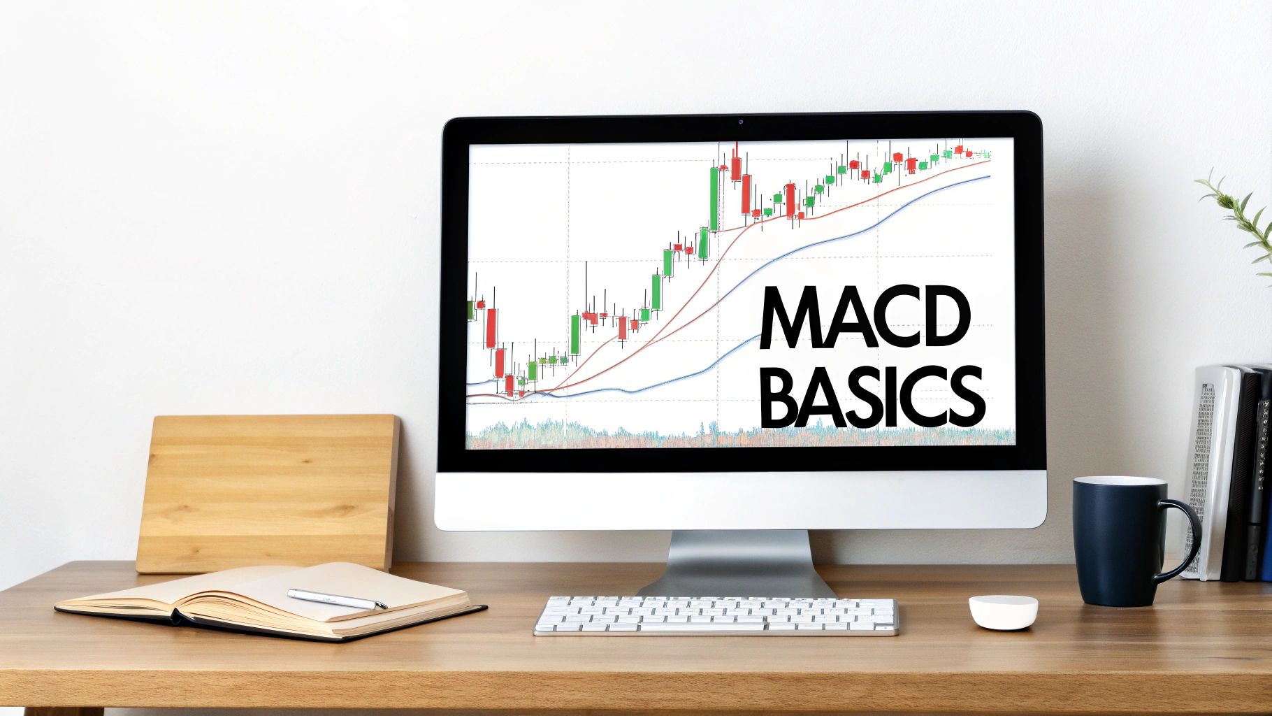 A minimalist desk setup features a computer screen displaying a MACD BASICS stock chart, alongside a notebook, pen, keyboard, and mug.