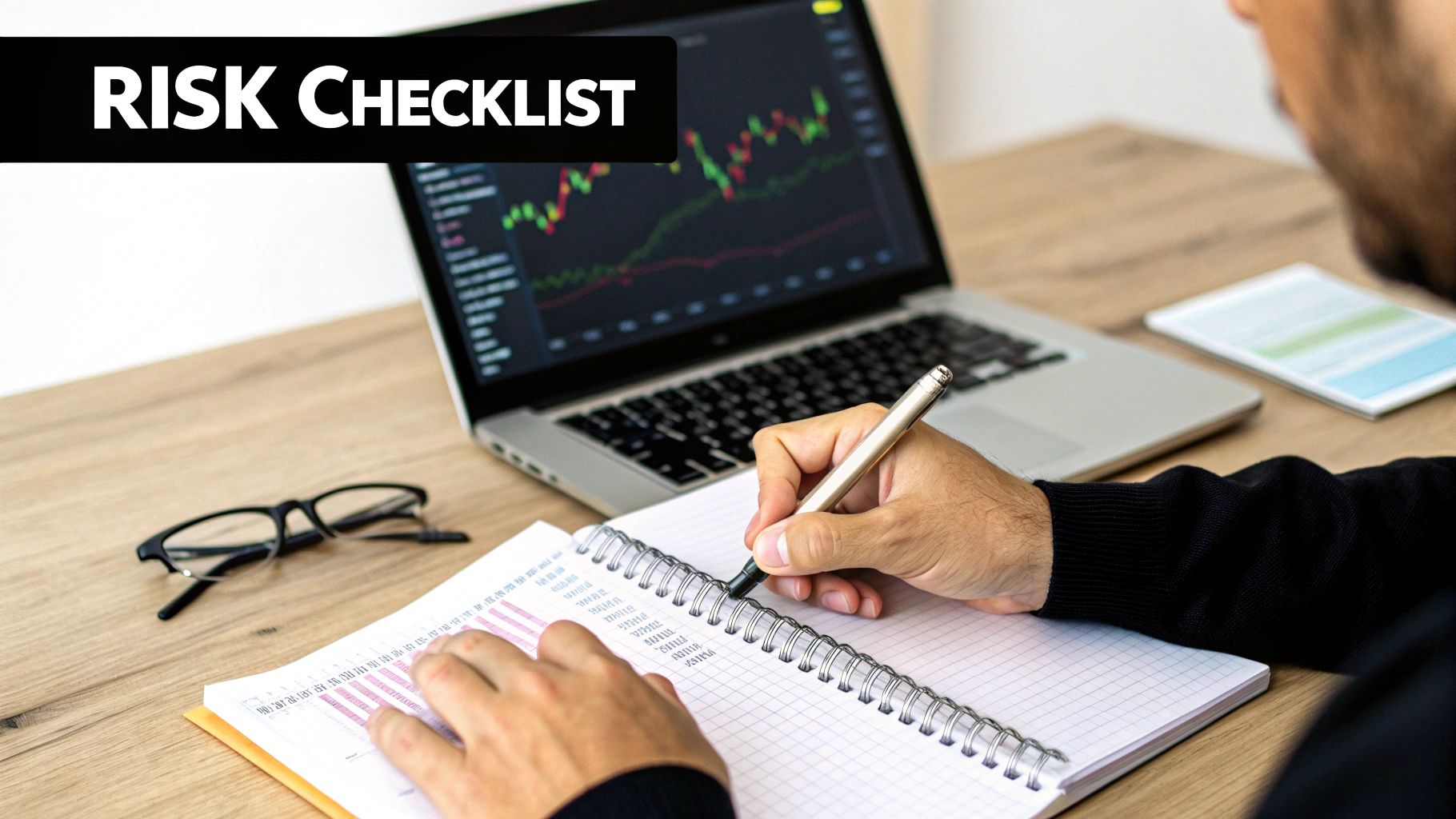 Hands writing in a notebook next to a laptop displaying financial charts and a "RISK CHECKLIST" banner.