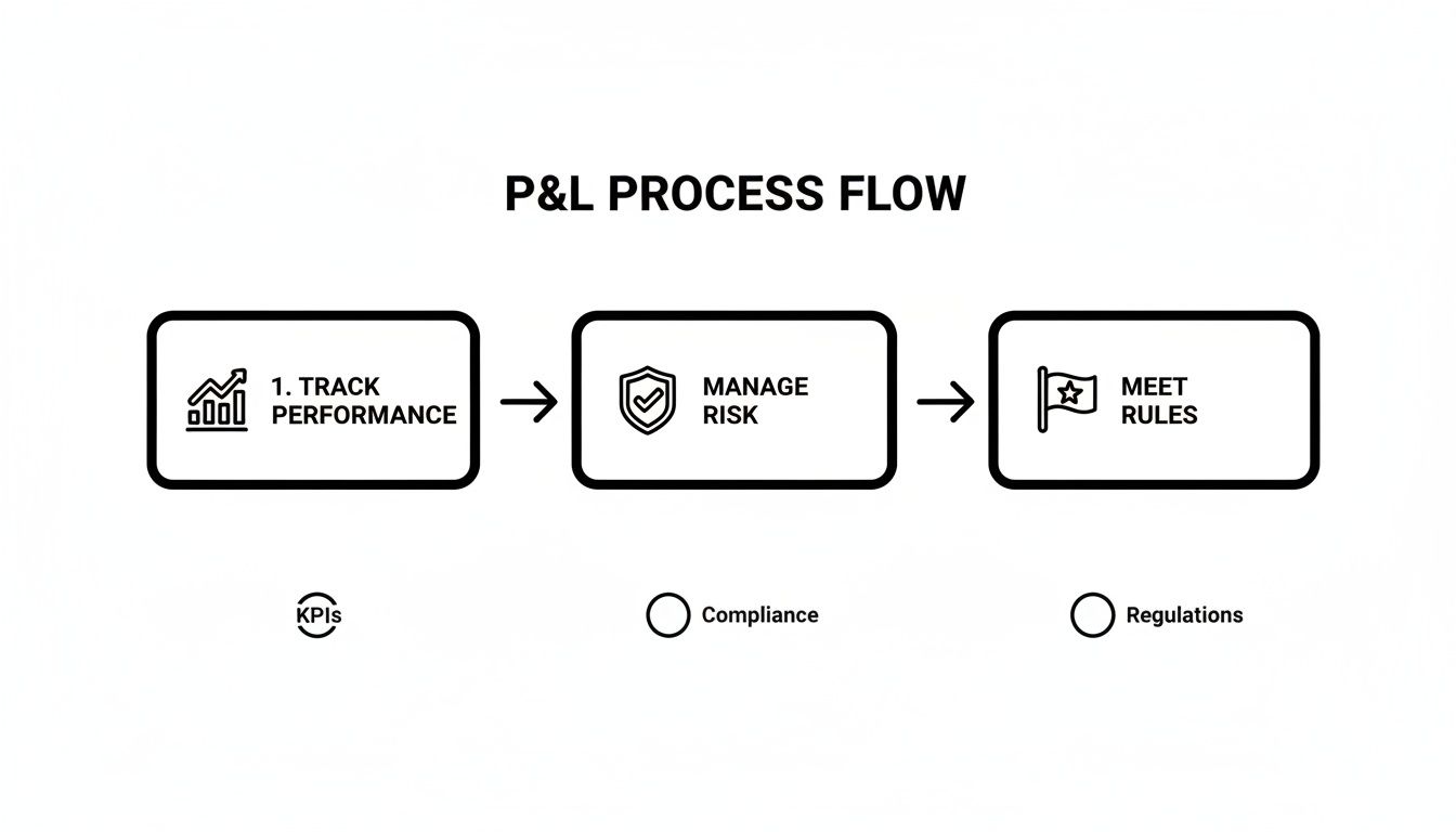 A P&L process flow diagram illustrating three key steps: track performance using KPIs, manage risk with compliance, and meet rules through regulations.
