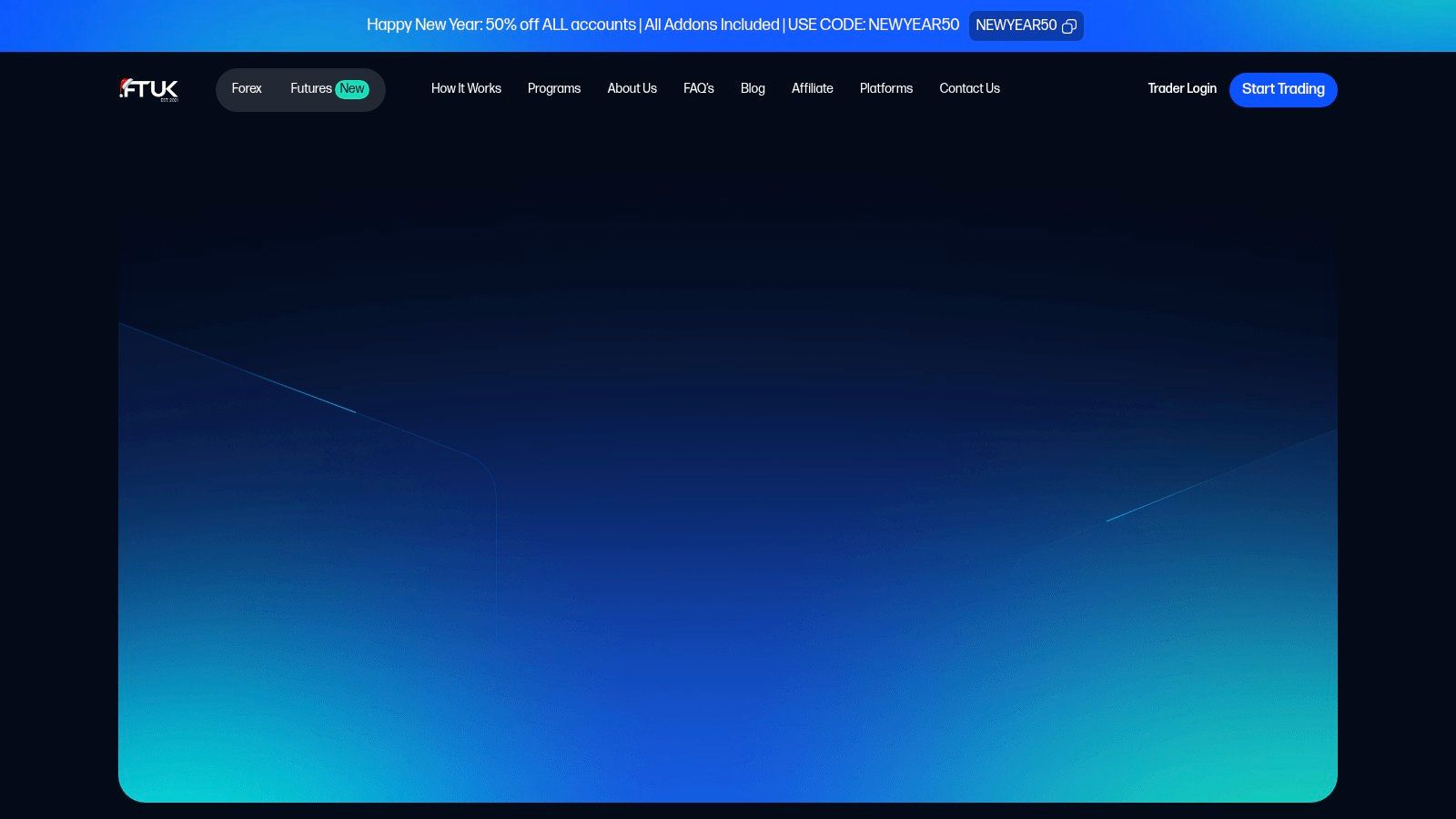 FTUK's website homepage showcasing their instant funding programs.