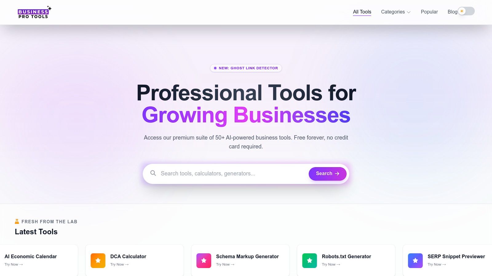 BusinessProTools homepage showing prop firm comparisons