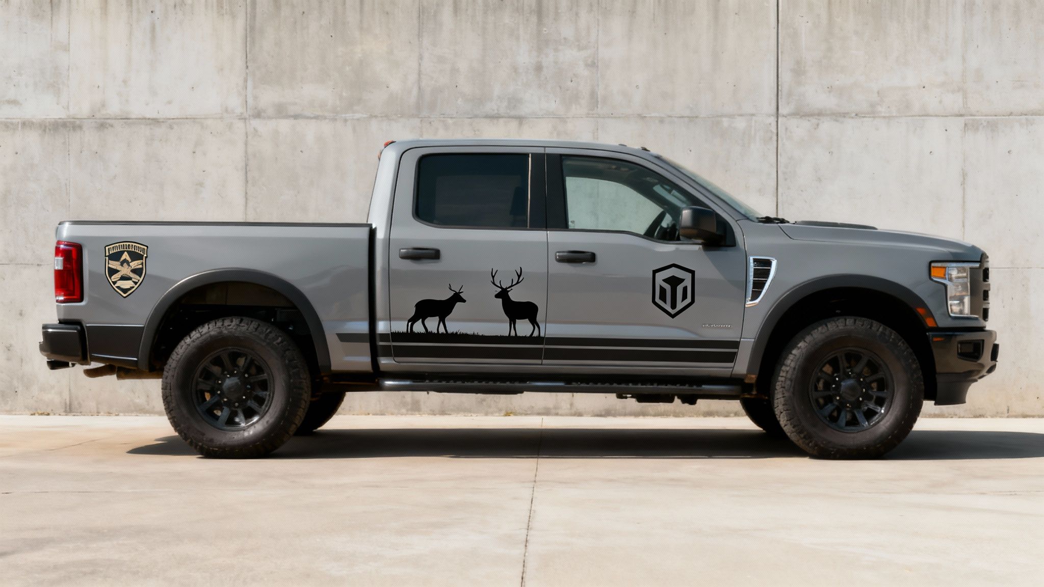 Side view of a grey pickup truck featuring hunting-themed deer decals and a custom shield logo.