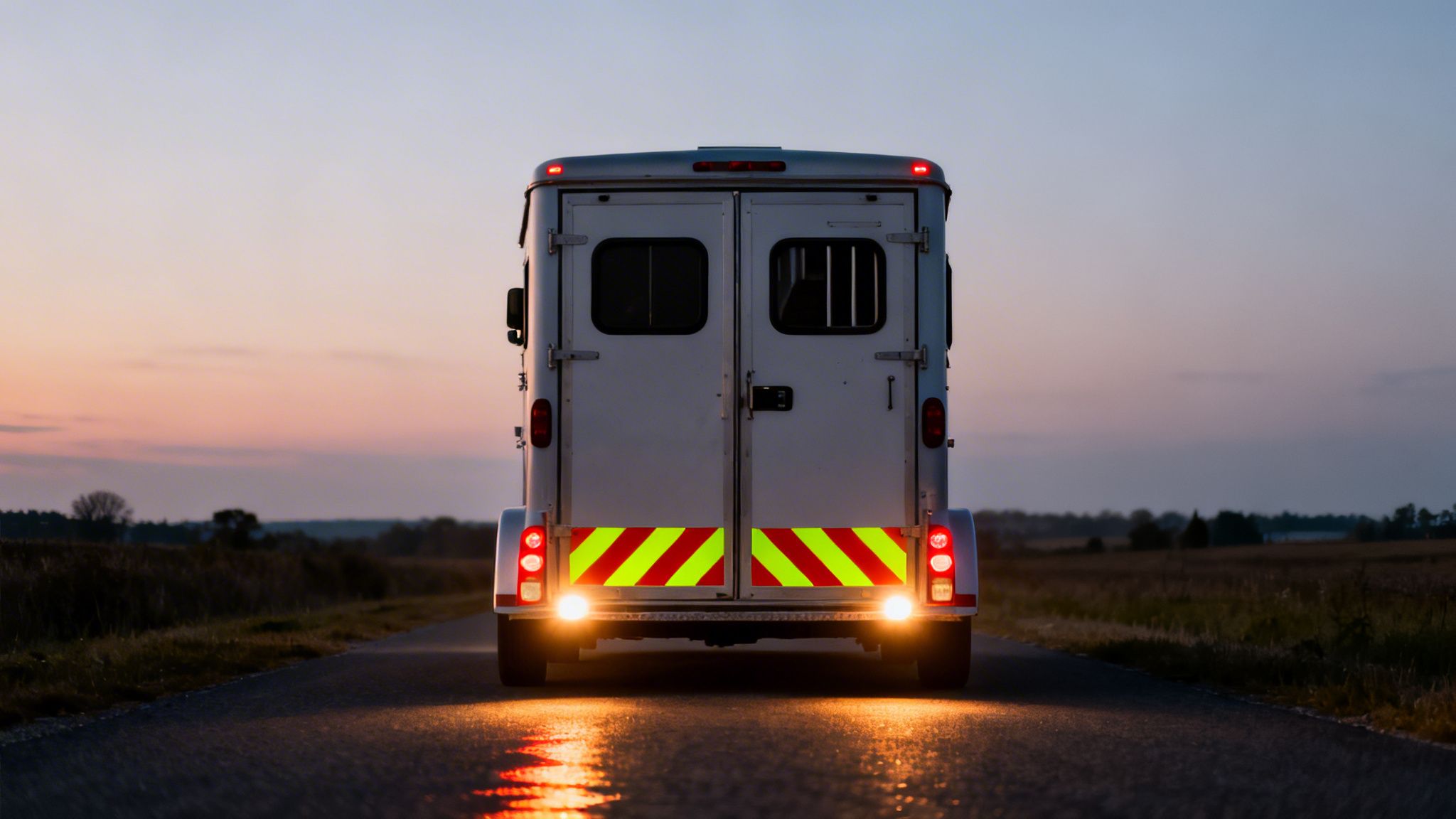 A white horse trailer with reflective safety decals and bright lights on a road at twilight.