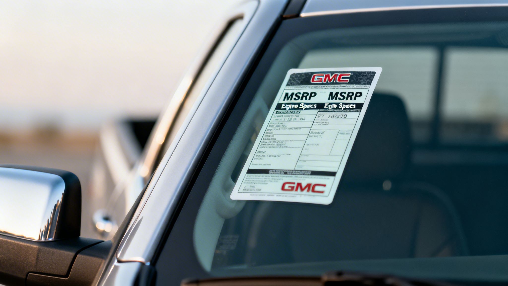 Close-up of a GMC truck's front passenger window displaying a price and engine specifications sticker.