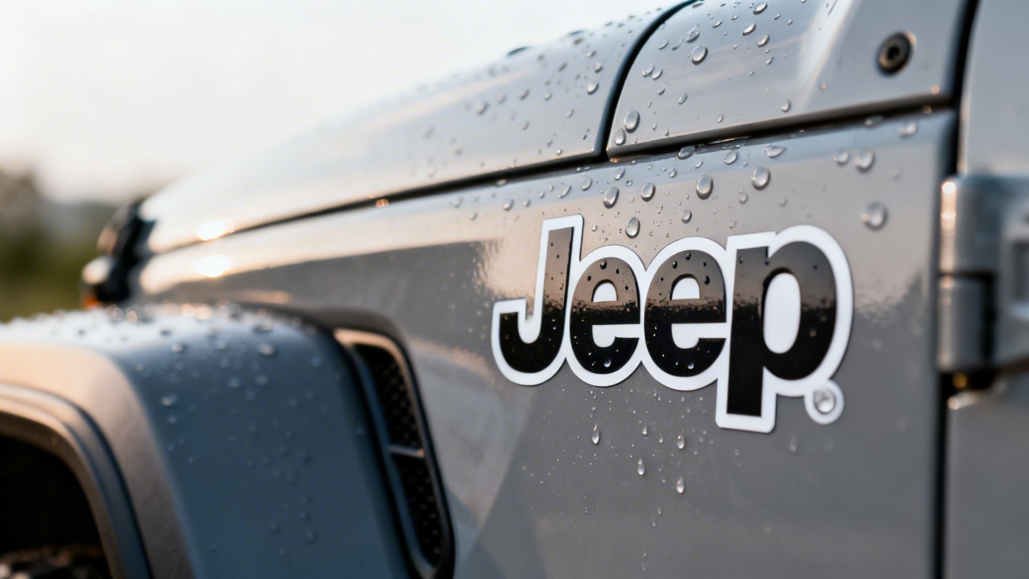 Raindrops glisten on the side of a gray Jeep, featuring the prominent "Jeep" logo.
