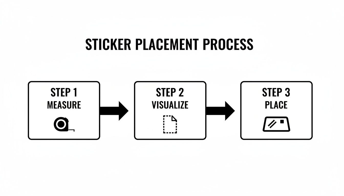 A simple three-step guide outlining the process for successful sticker placement.