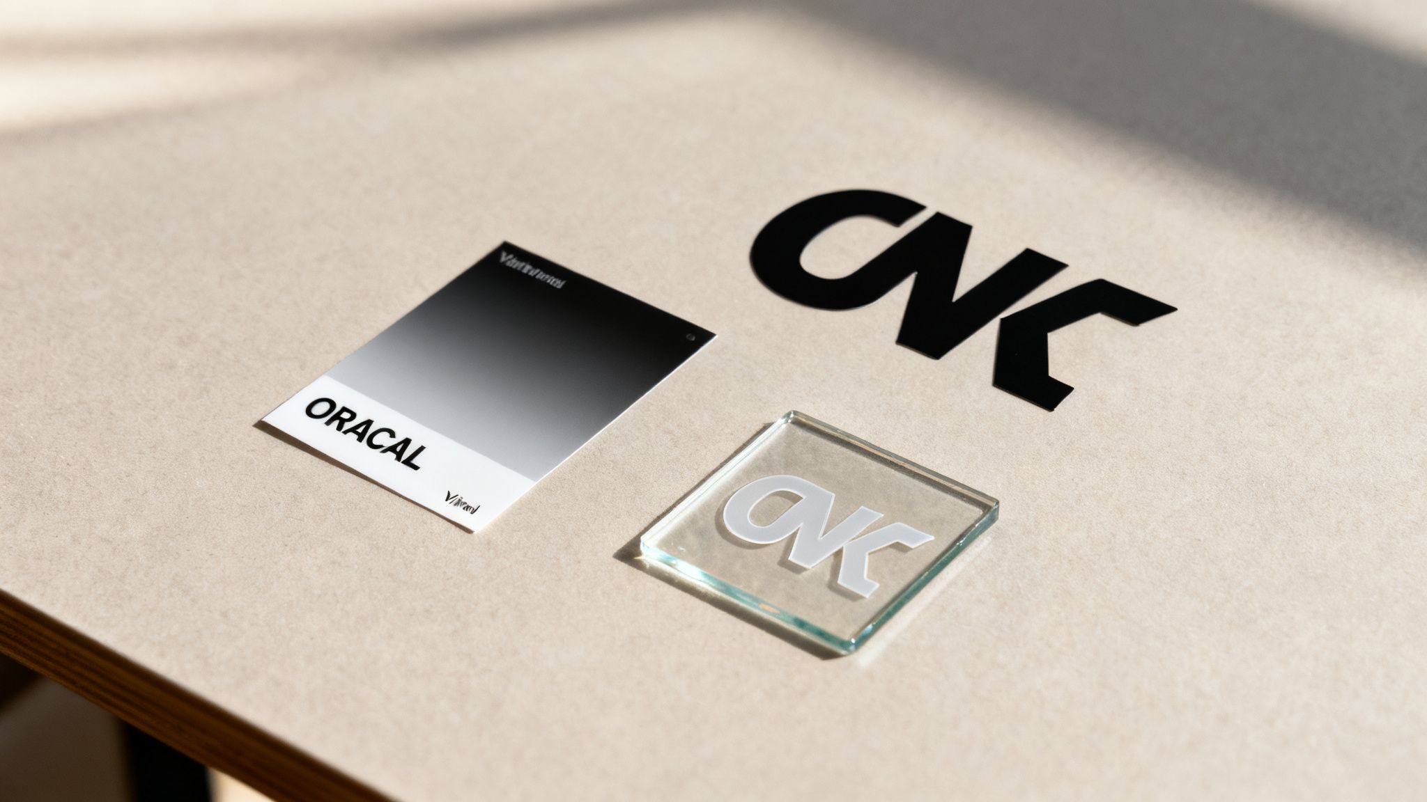 A flatlay of ORACAL color swatch, a black CNK vinyl decal, and a glass block.