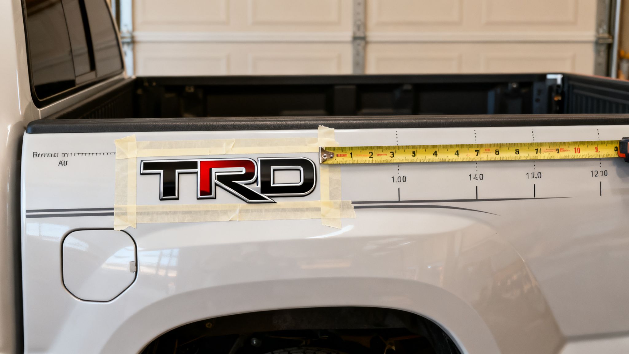 A close-up shot of a TRD decal being positioned on a white truck using masking tape and a measuring tape.