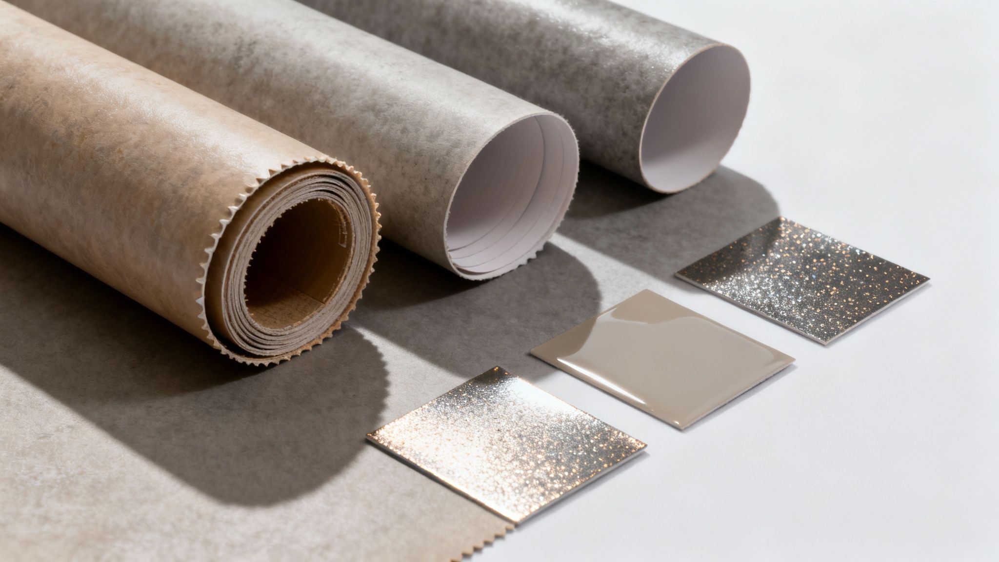 Various rolls of textured and glittery decorative film with matching square material samples for design.