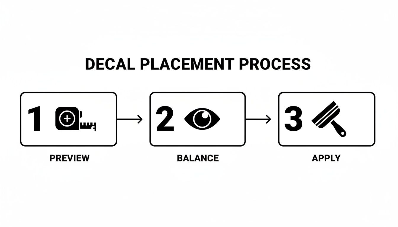 Diagram showing three steps for decal placement: Preview with a measuring tape, Balance with an eye, and Apply with a squeegee.
