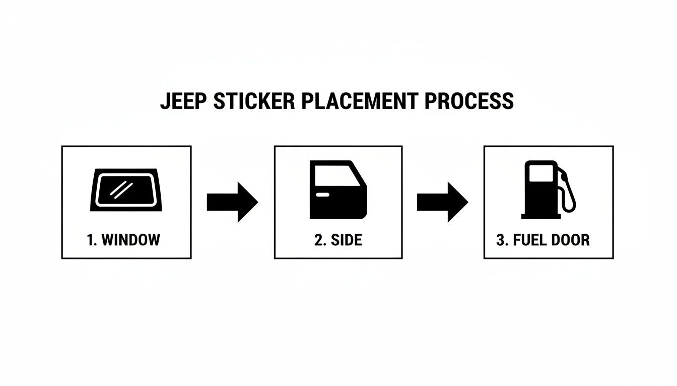 A diagram illustrating the Jeep sticker placement process on a window, side, and fuel door.