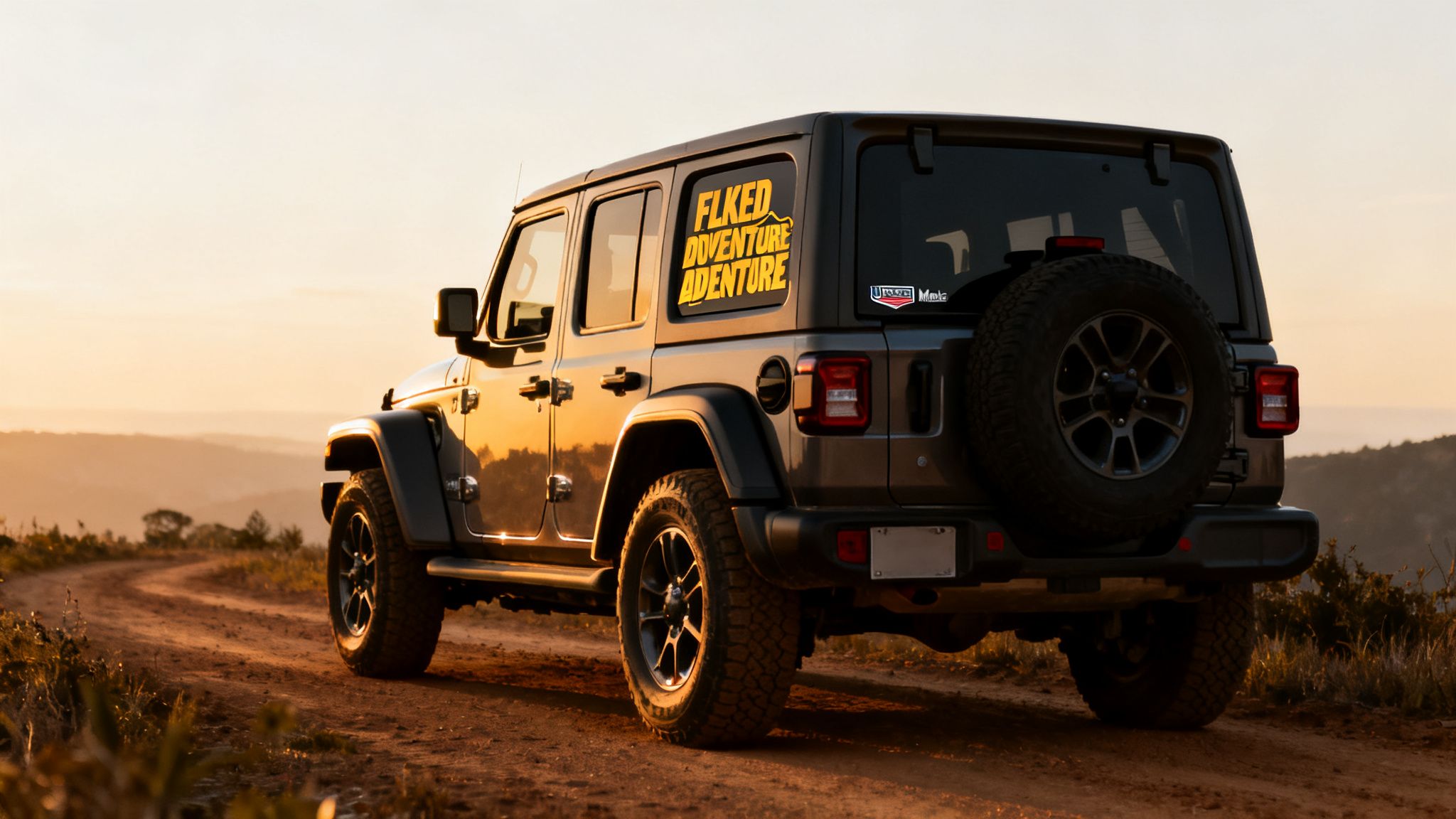 A gray Jeep Wrangler with a large yellow 'FLKED ADVENTURE' window decal on a dirt road at sunset.