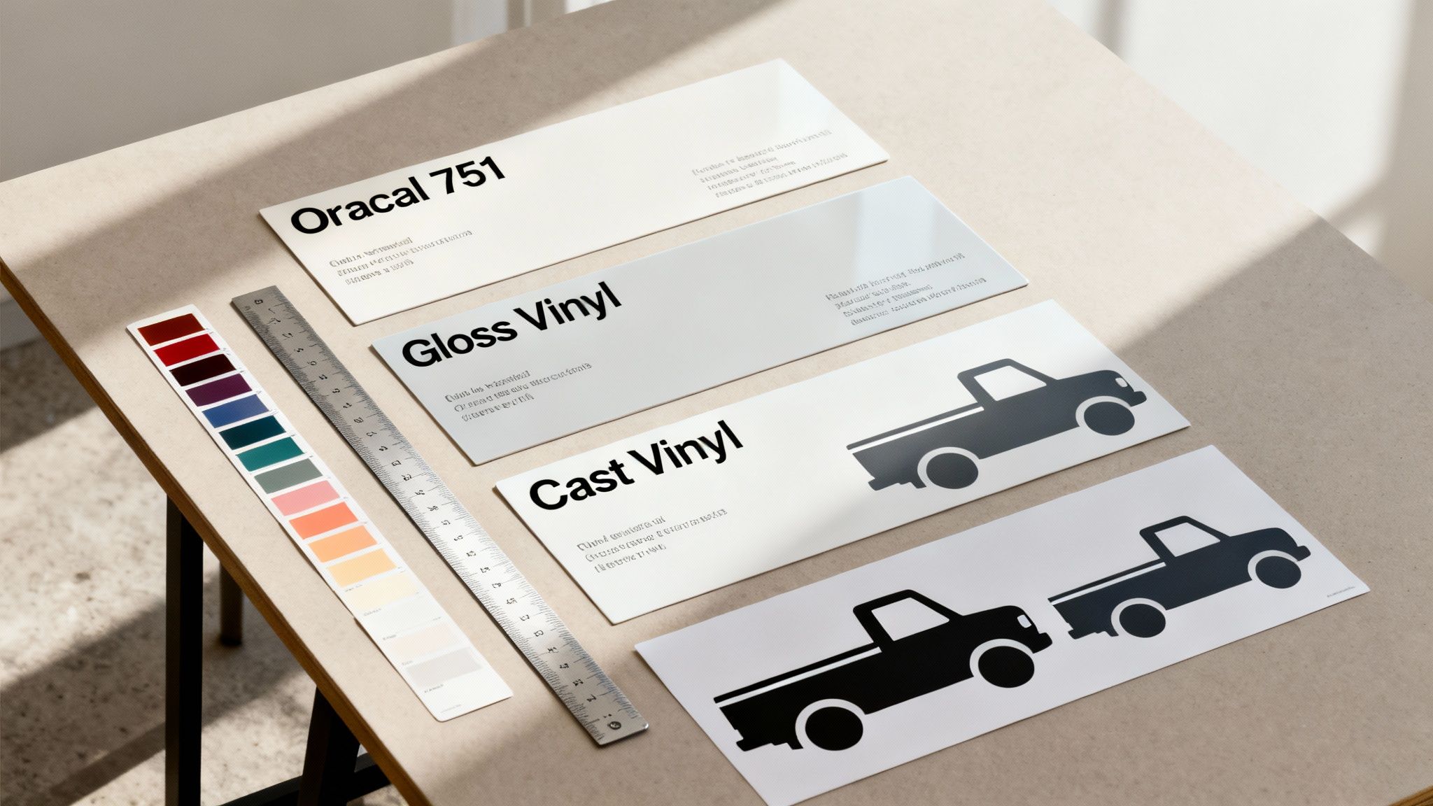 Various vinyl samples (Oracal, Gloss, Cast), a color swatch, and a ruler displayed with truck decals.