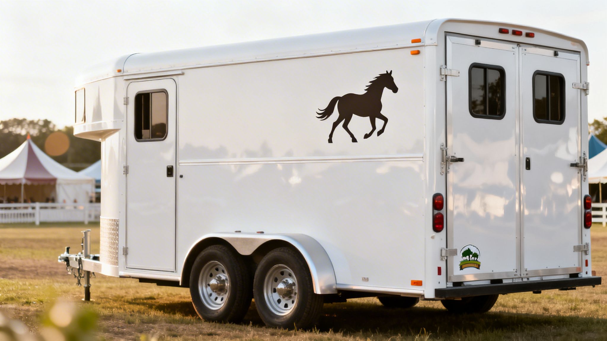 A white horse trailer with a black horse silhouette decal on its side, parked on a grassy field.