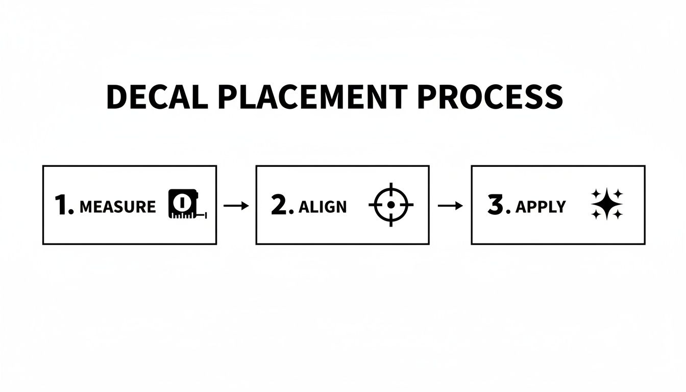 Infographic illustrating the decal placement process in three steps: measure, align, and apply.
