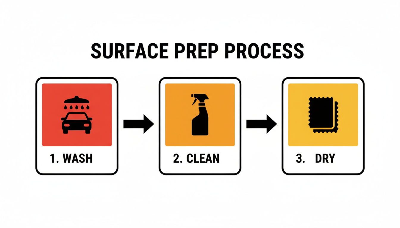 Infographic illustrating a three-step surface preparation process: wash a car, clean with spray, and dry.