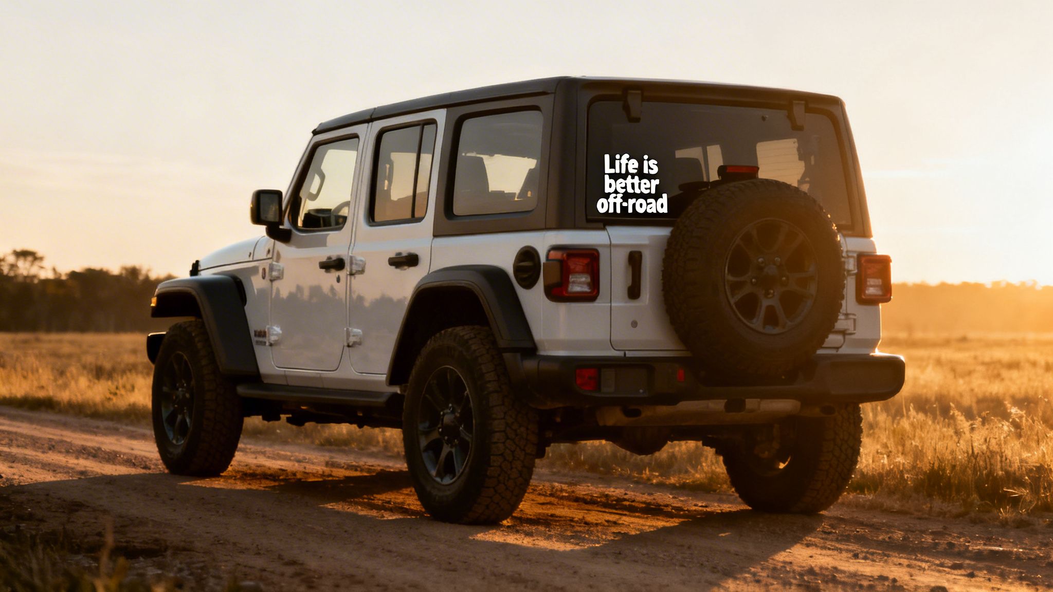 White Jeep Wrangler parked on a dirt road in a golden field during sunset, with an 'off-road' sticker.