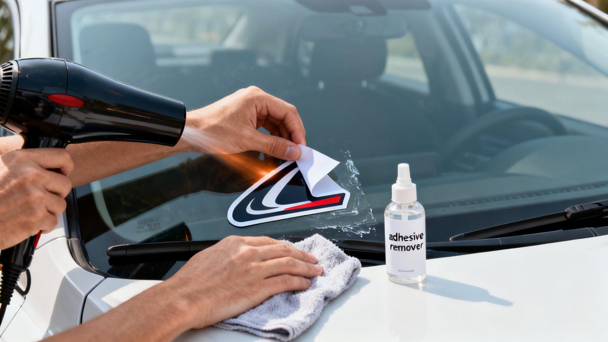 Hands use a hairdryer and adhesive remover to carefully remove a custom sticker from a car windshield.