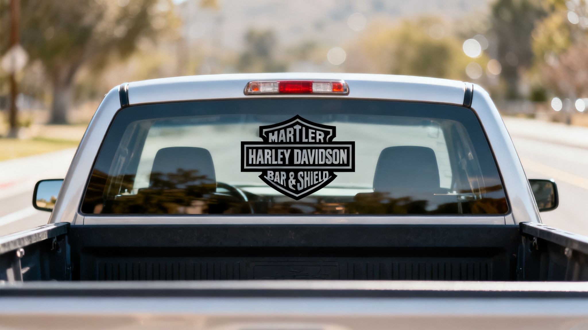 Rear view of a silver pickup truck displaying a Martler Harley Davidson Bar & Shield window decal.