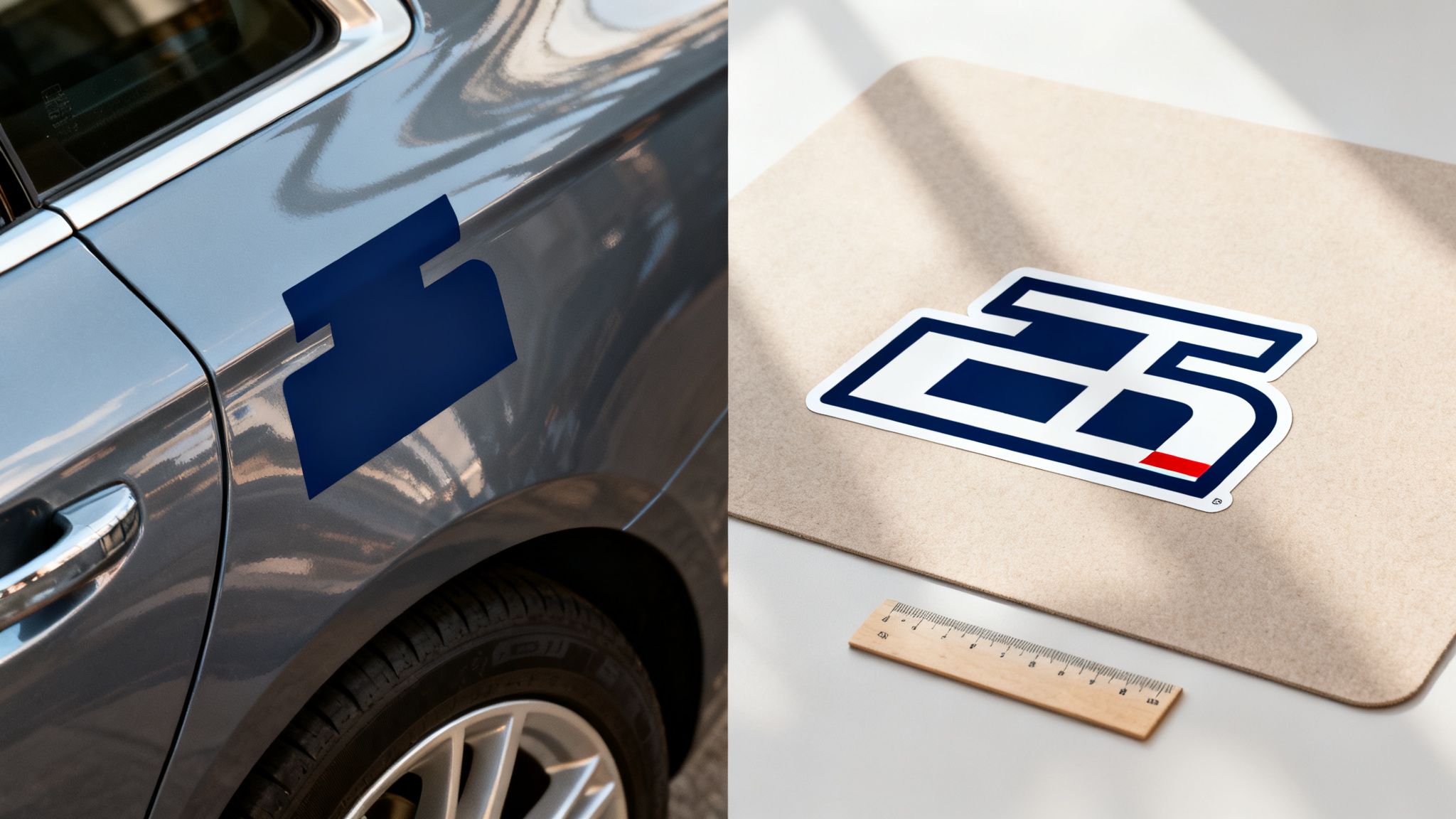 Dark blue logo sticker on a grey car, next to a white sticker with blue and red details and a ruler.