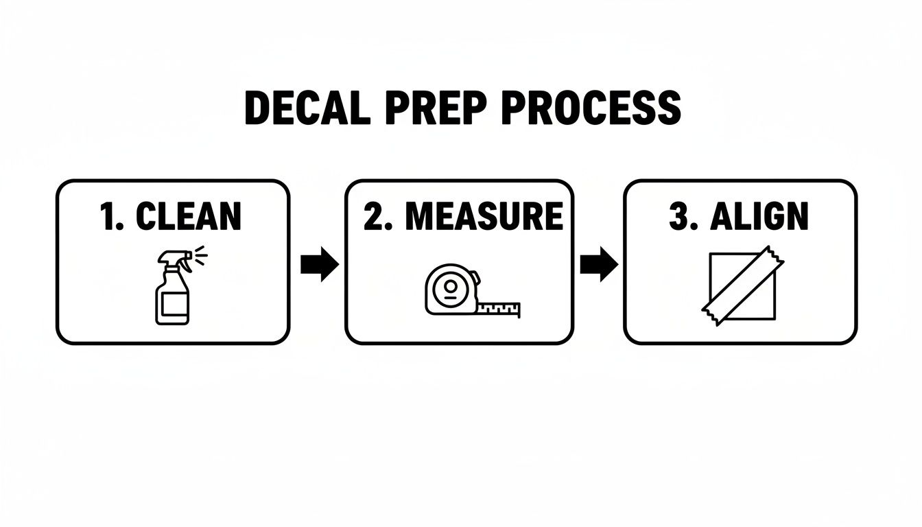 An infographic illustrating a three-step decal preparation process: clean, measure, and align.