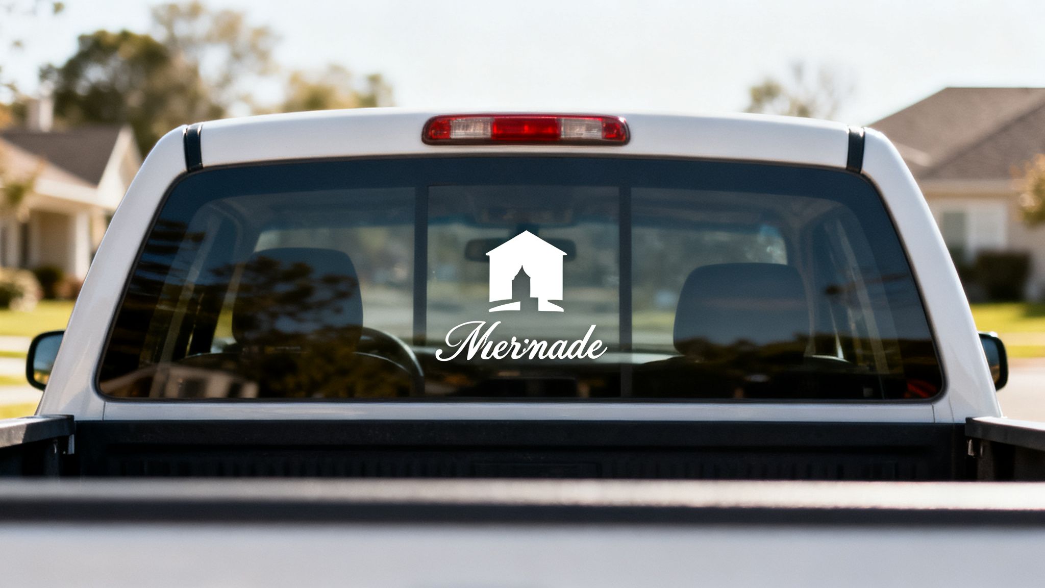 Rear view of a white pickup truck featuring a Miernade logo decal on its window.