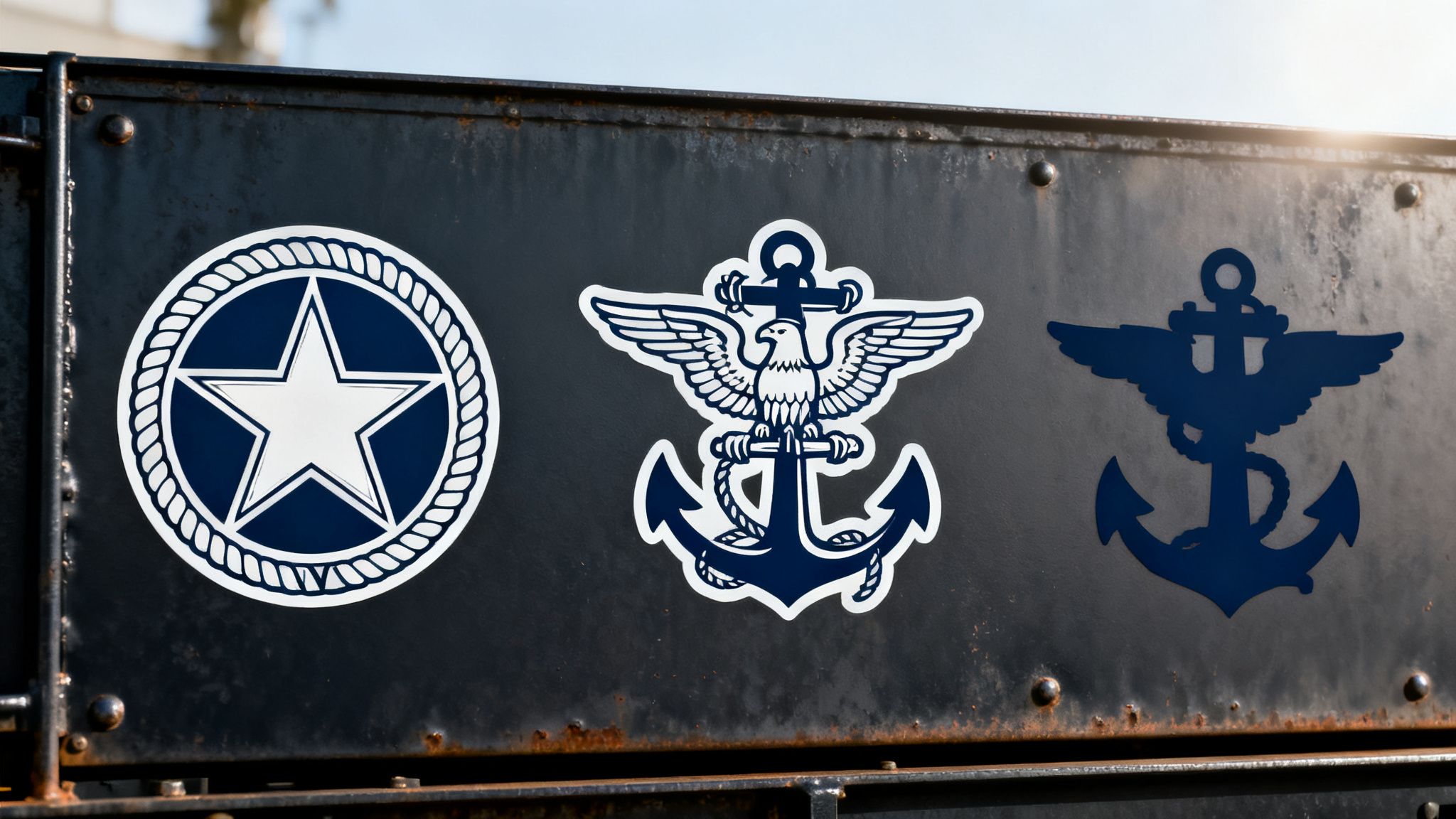 Three distinctive naval insignia decals, including a star and two anchor designs, displayed on a weathered metal surface.