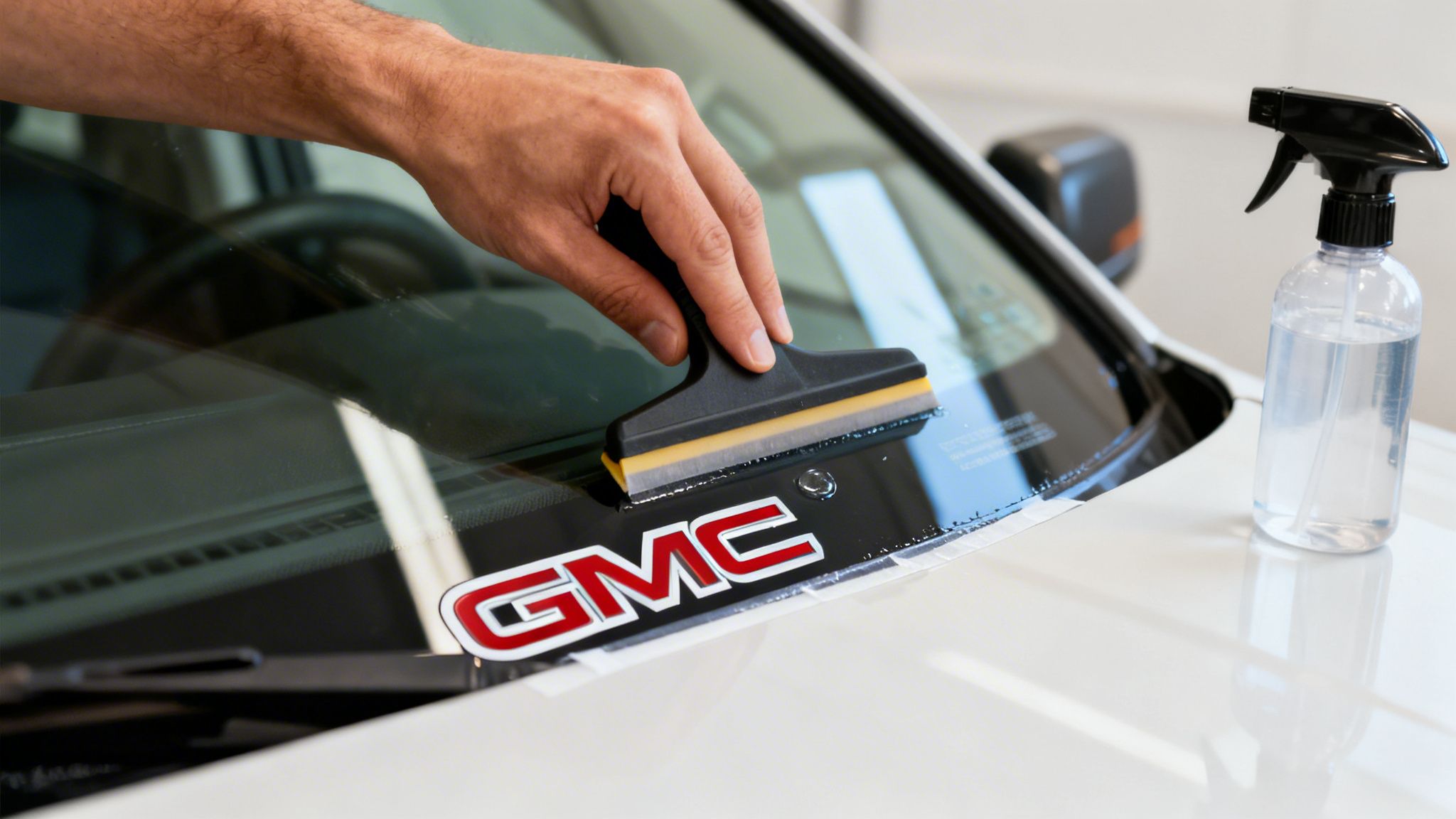A hand applies a GMC logo window sticker to a car's windshield with a squeegee tool.