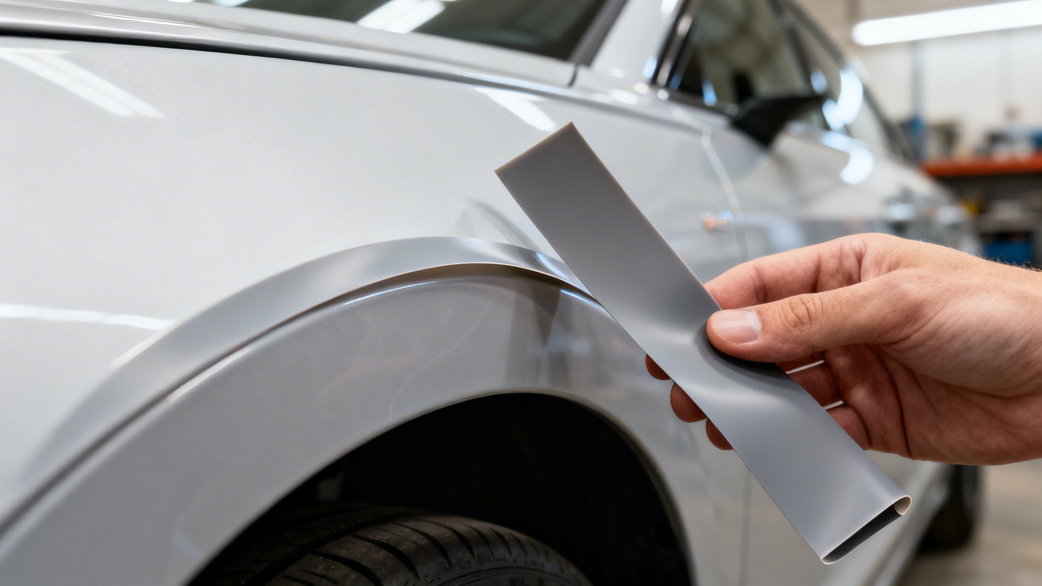 Close-up of a hand holding a grey car trim strip against a silver car fender.