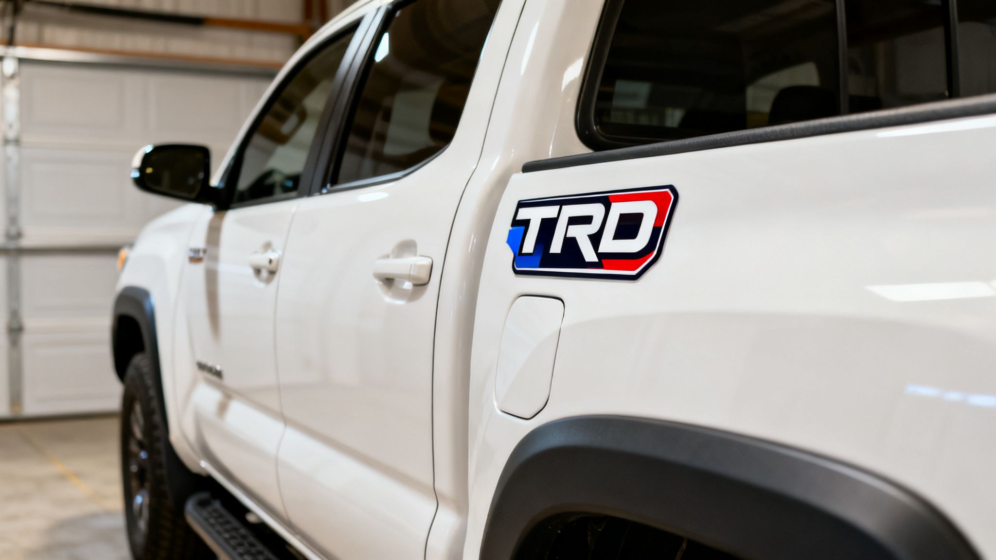 Close-up of a white Toyota Tacoma truck side with a prominent TRD decal in a garage.