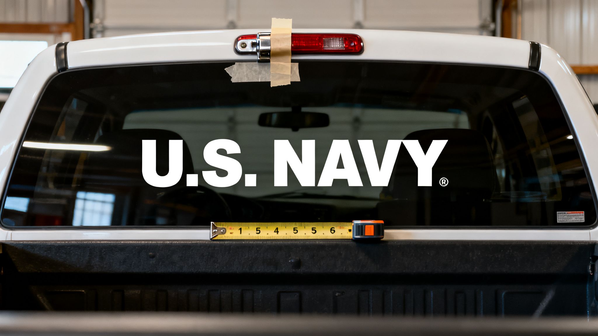 A 'U.S. NAVY' decal on a white truck's rear window, with a measuring tape positioned below.