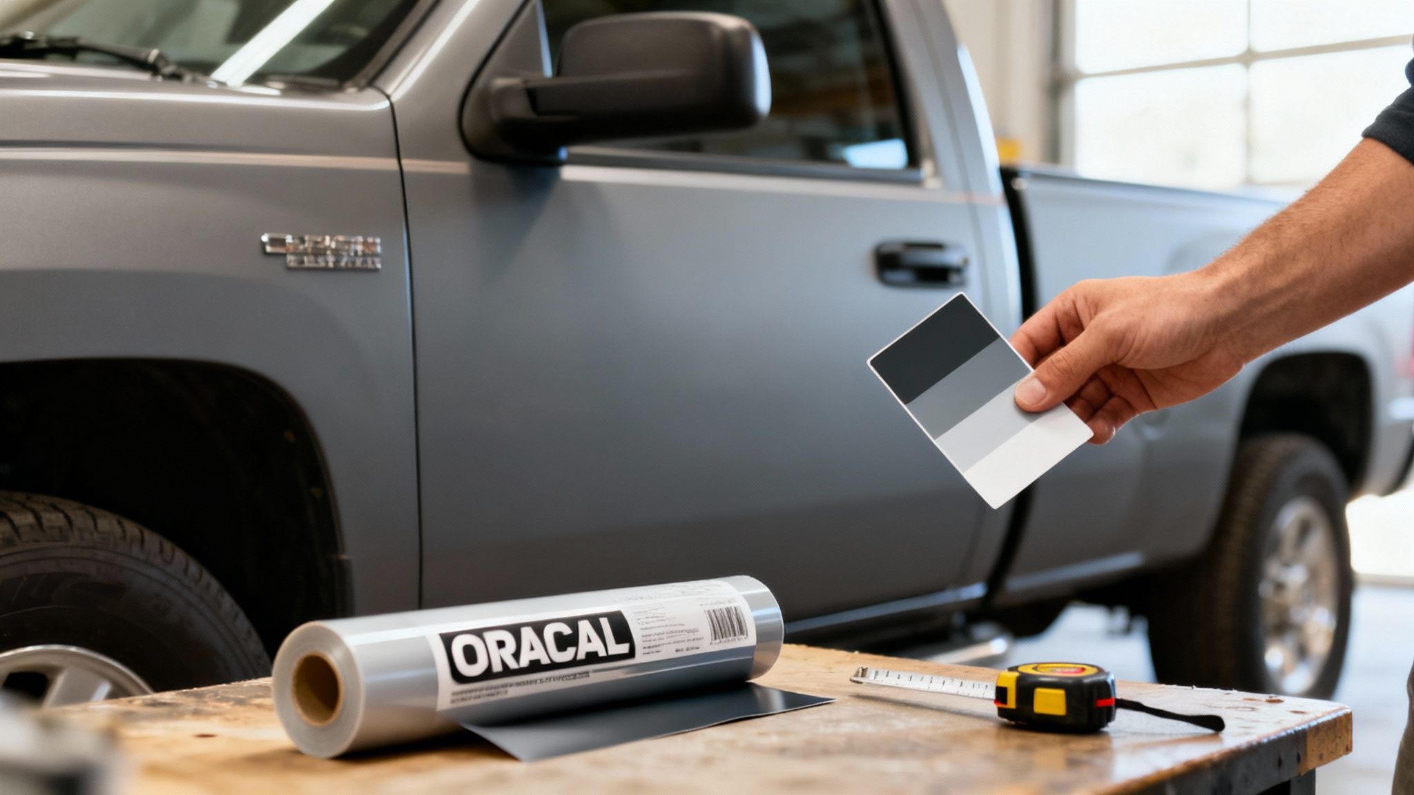 Person holding grey color swatches against a grey truck, with ORACAL vinyl wrap roll.