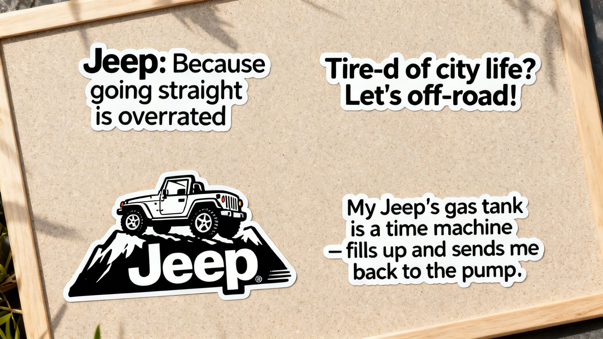 Four funny Jeep stickers, featuring humorous phrases and a logo, displayed on a textured board.