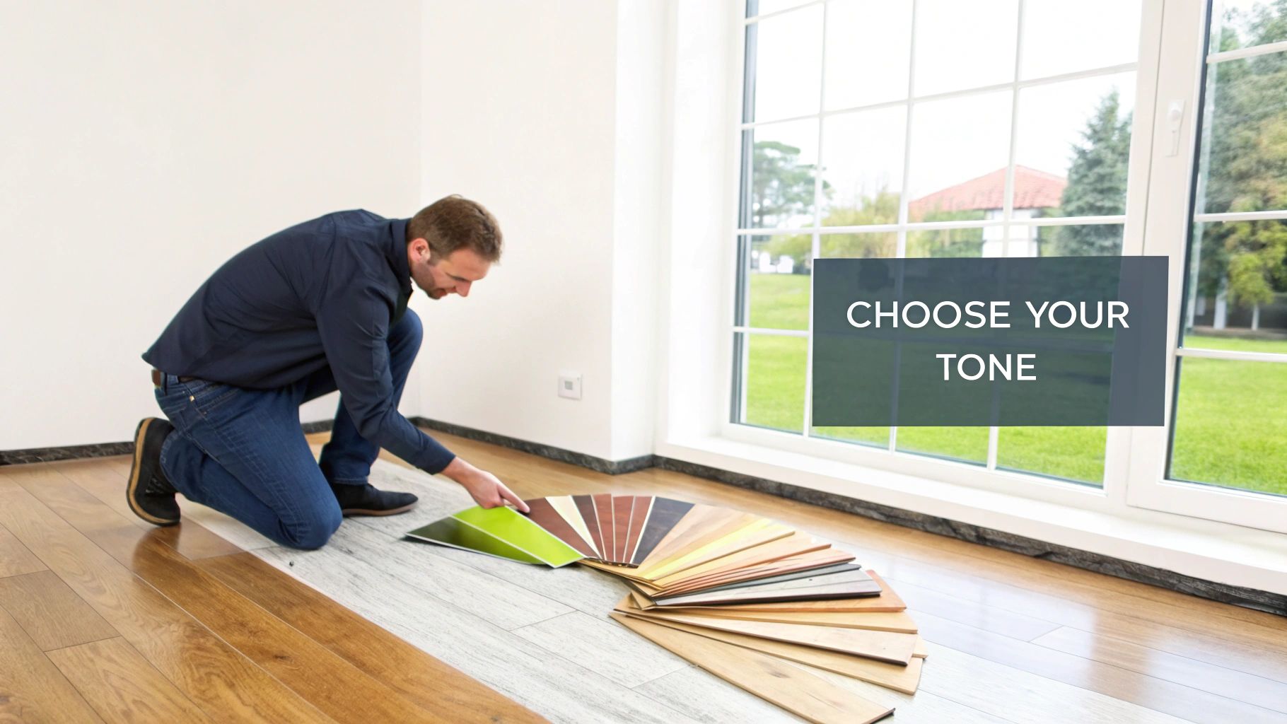 Professional contractor examining color samples and wood flooring options for hardwood floor refinishing project