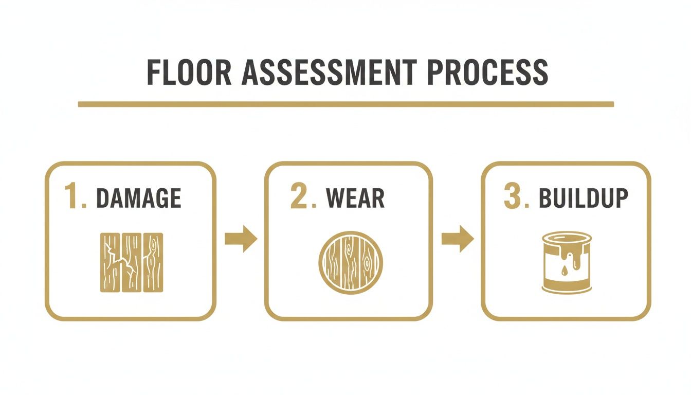 Infographic illustrating a floor assessment process, covering damage, wear, and buildup steps.