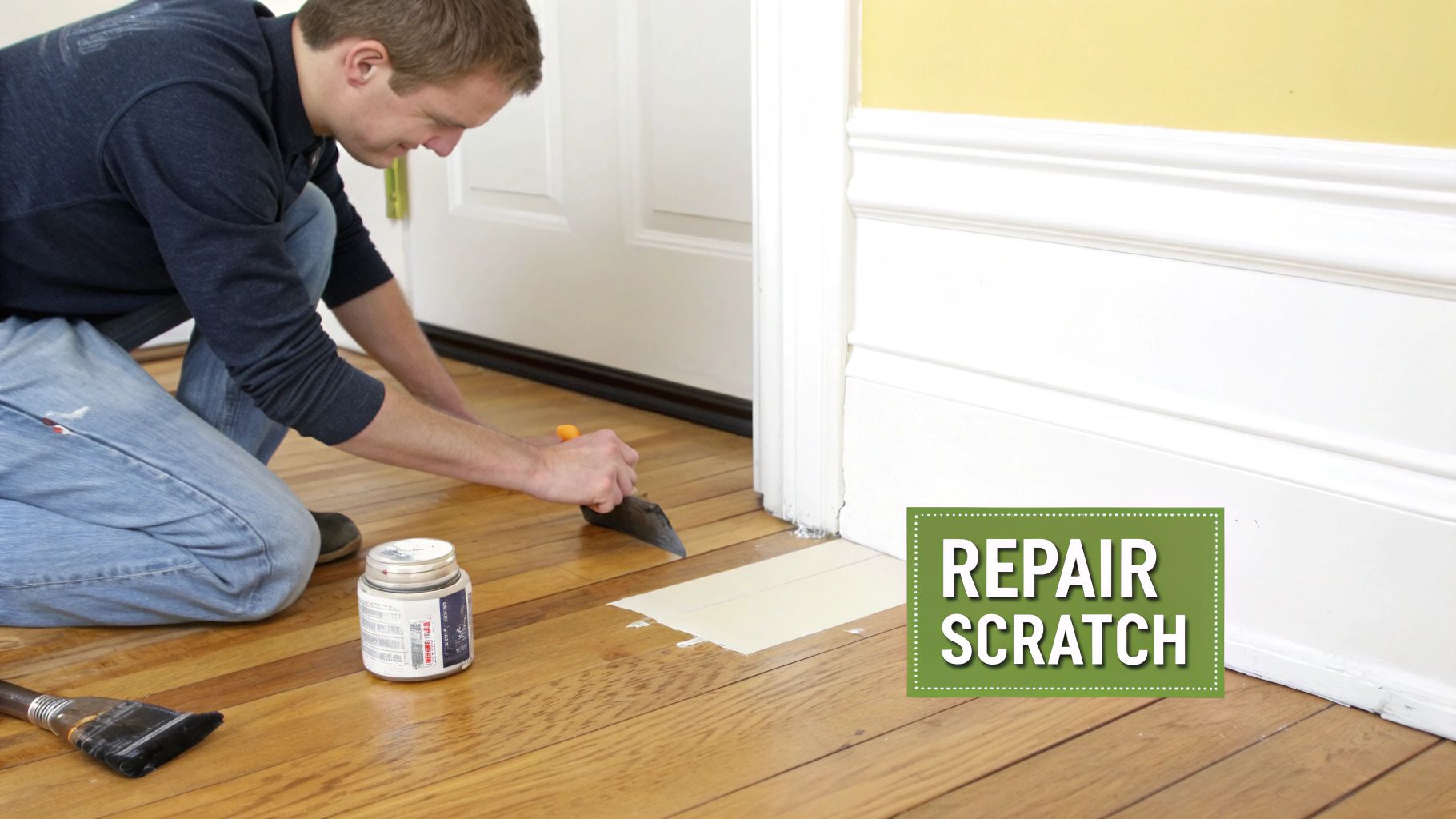 A man kneels on a hardwood floor, applying wood filler to repair a scratch near a white doorframe.