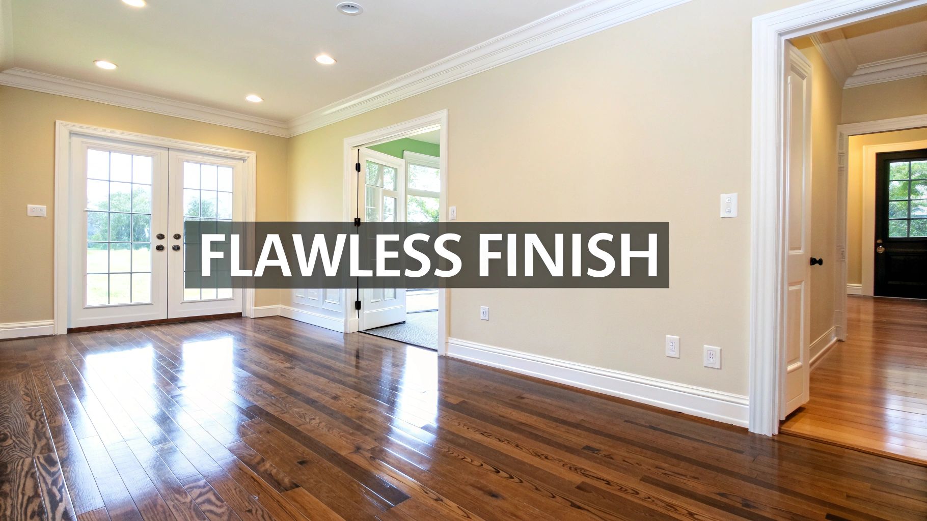 A freshly finished wood floor with a semi-gloss polyurethane coating, reflecting light beautifully.