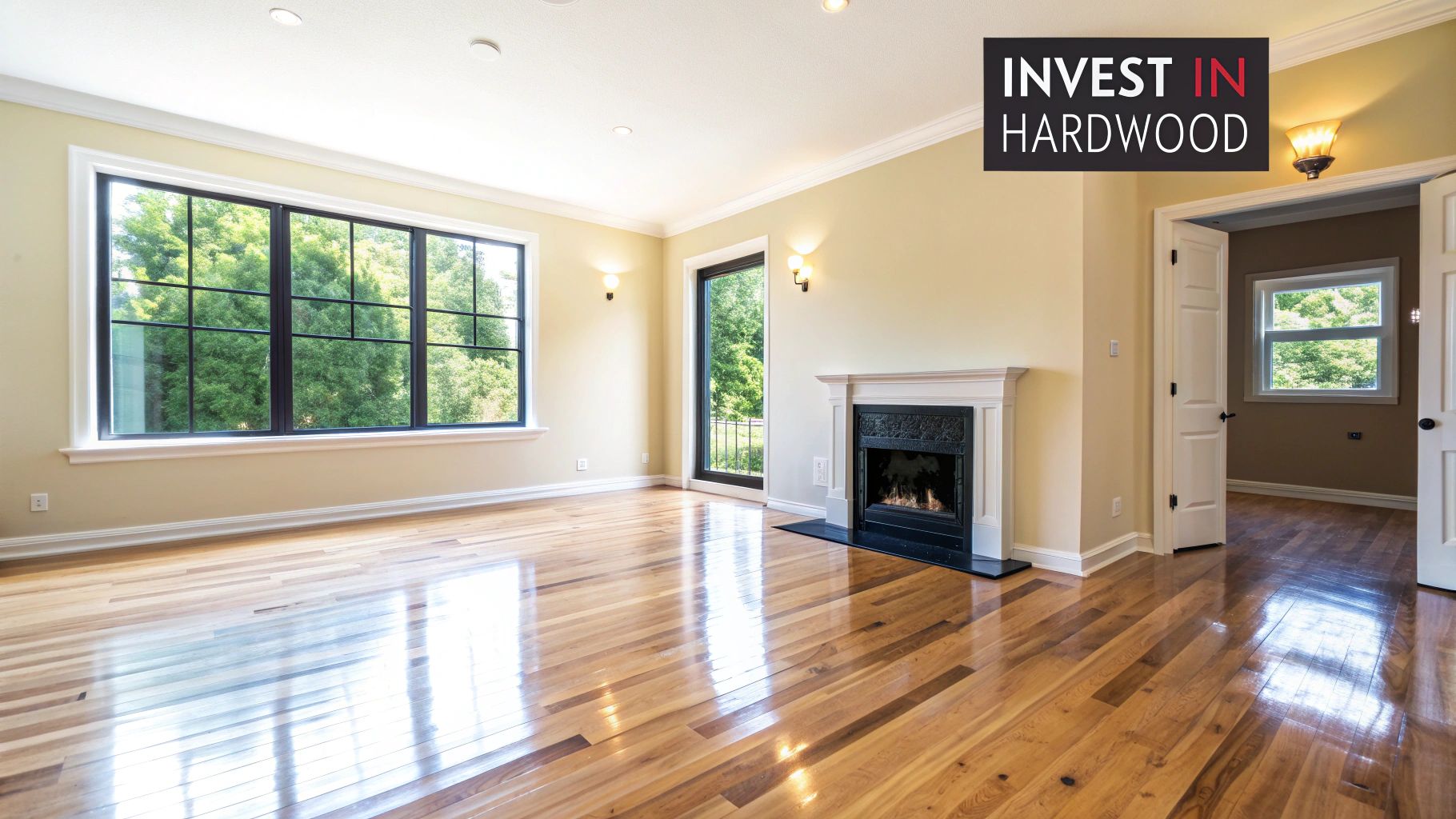 A classic living room with beautifully restored hardwood floors that shine.