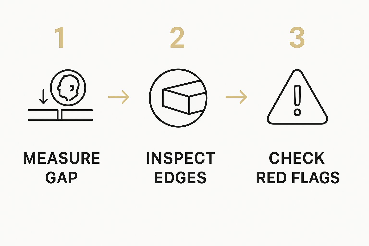 Infographic showing a three-step process for evaluating hardwood floor cracks: Measure Gap, Inspect Edges, and Check Red Flags.