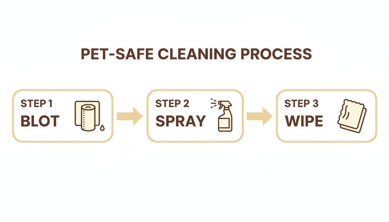 Diagram showing a three-step pet-safe cleaning process: blot with paper towel, spray, and wipe.