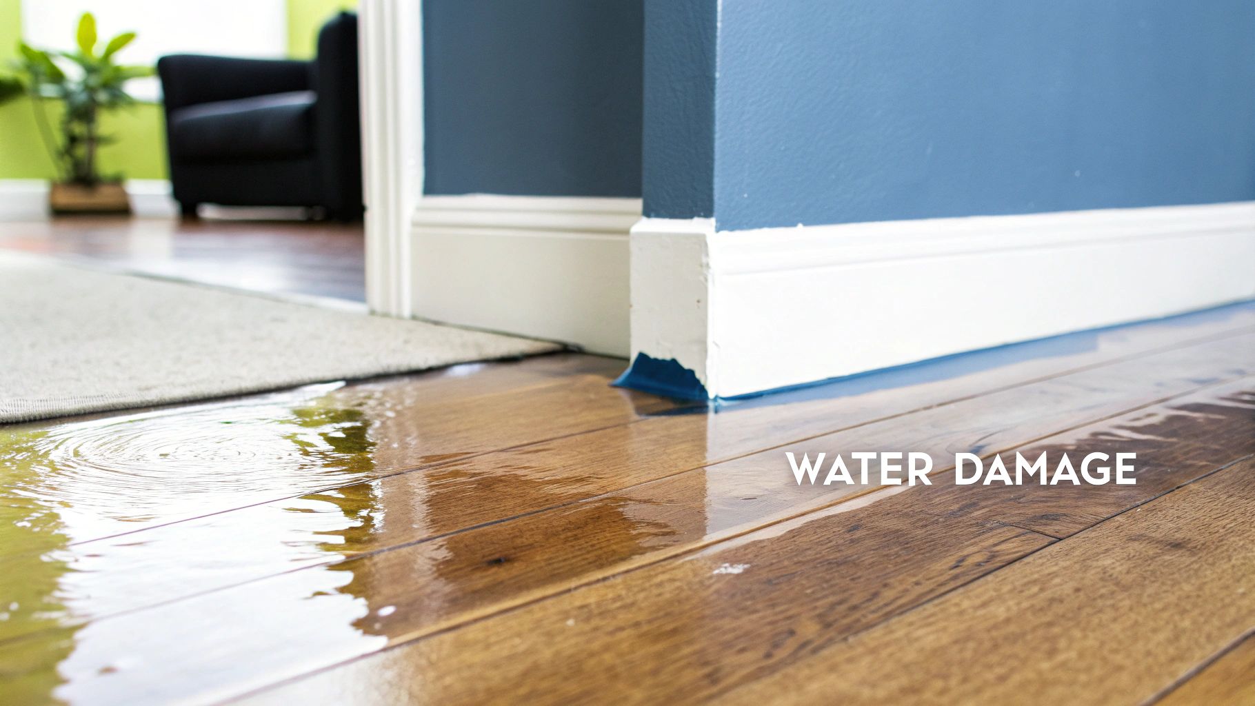 A close-up of a hardwood floor showing signs of water damage, such as warping and dark stains.