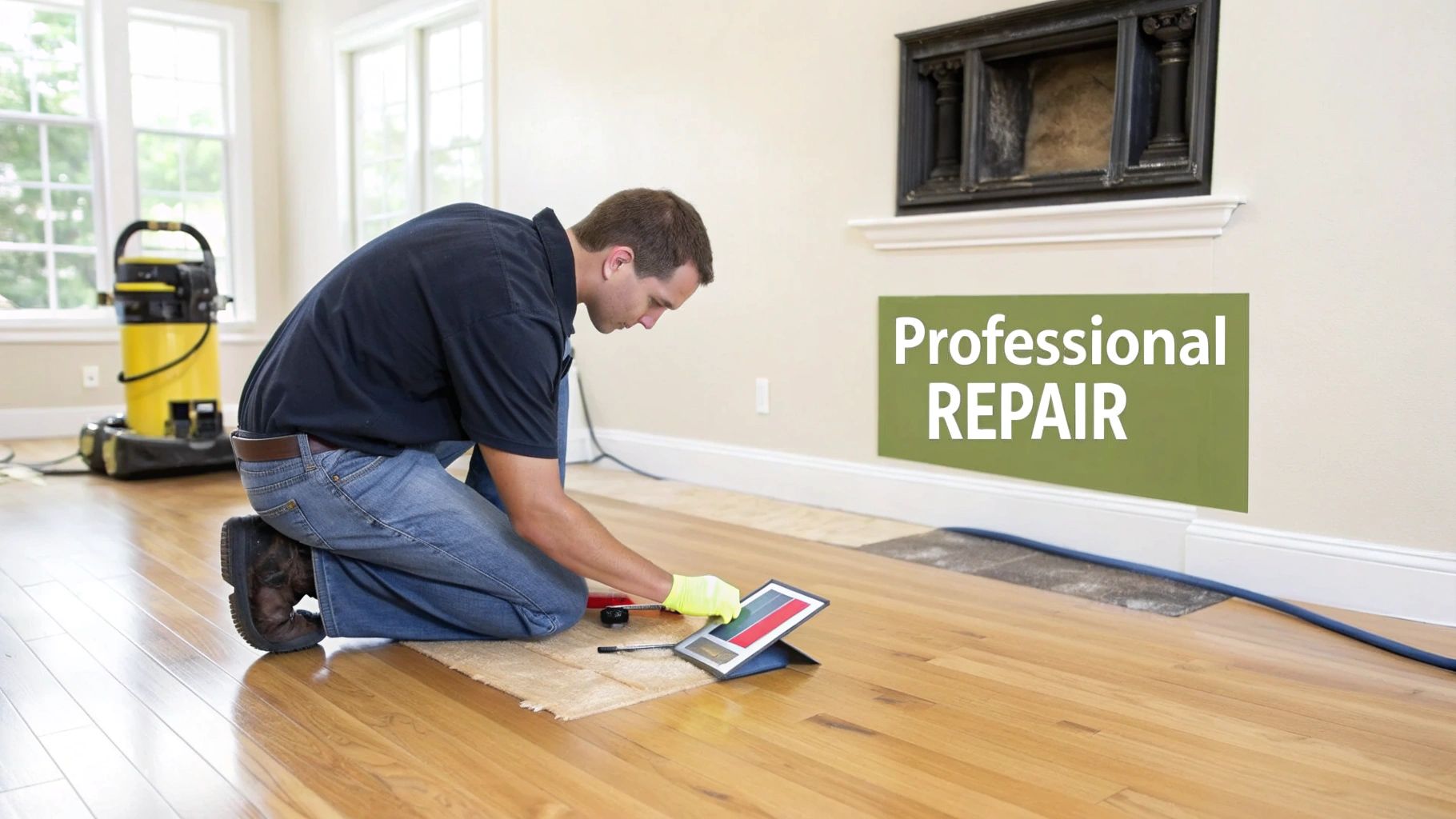A professional kneels on a hardwood floor, using tools and a tablet to repair a damaged section.
