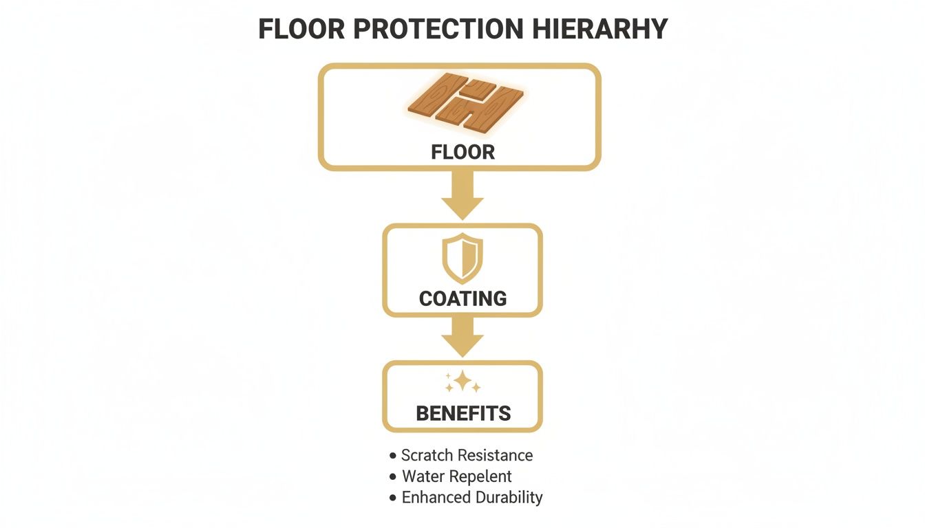 A hierarchy diagram illustrating floor protection steps: starting with the floor, followed by coating, leading to benefits like scratch resistance, water repellency, and enhanced durability.