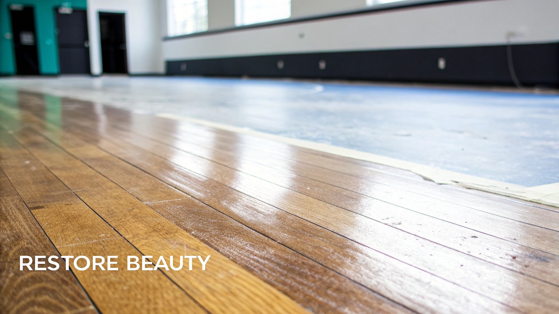 Shiny, restored hardwood floor planks contrasting with a blue gym surface during renovation.