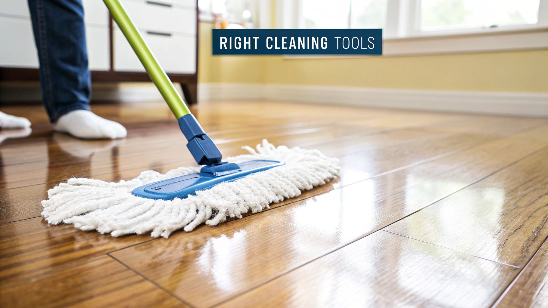 A microfiber mop head resting on a clean hardwood floor, showing the texture of the pad.